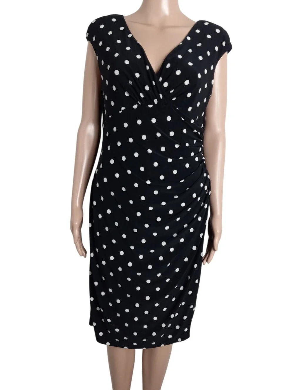 Ralph Lauren Black and White Polka Dot V-Neck Sheath Dress Size 12P